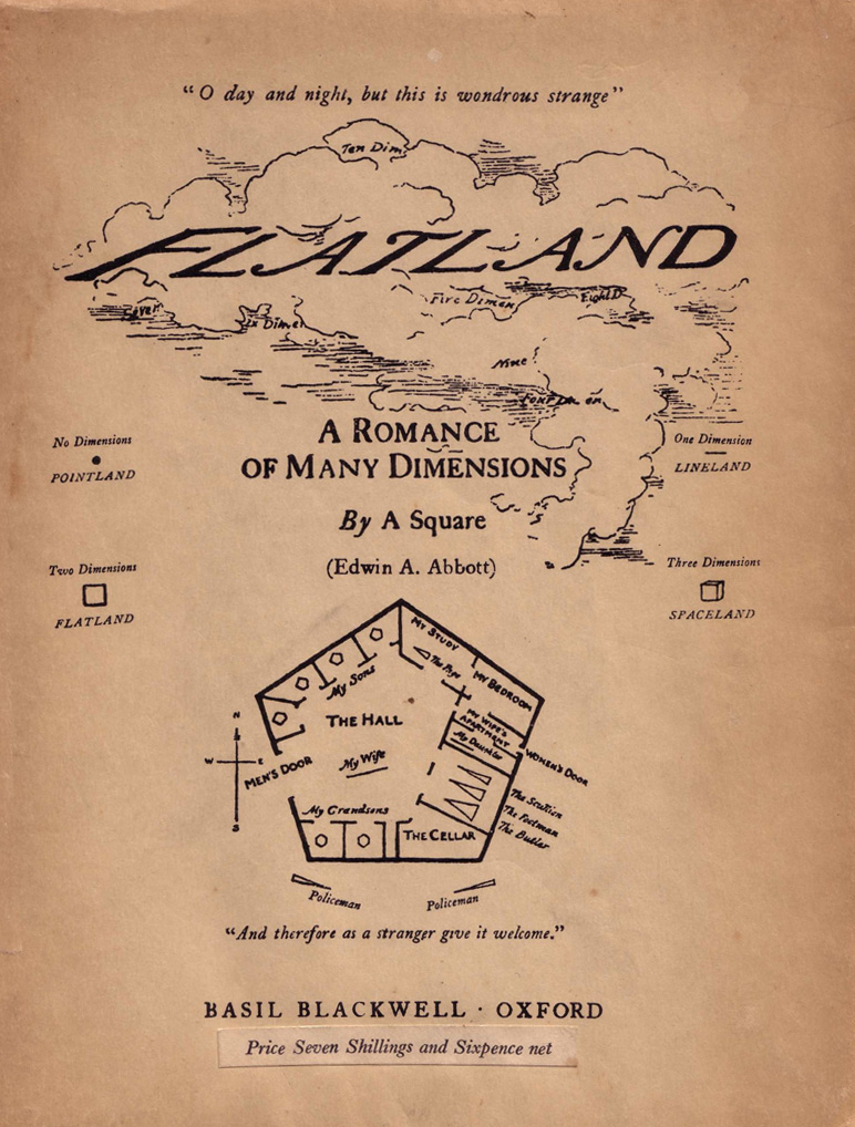A paper coversheet with the following text on it top to bottom. A quote of "O day and night, but this is wondrous strange" below is "Flatland" in italics on top of clouds. "A romance of many dimensions" in small black text. "By a Square (Edwin A. Abbot)". A map of a hexagon living quarters. A quote of "And therefore a stranger give it welcome." In bold "Basil Blackwell - Oxford"