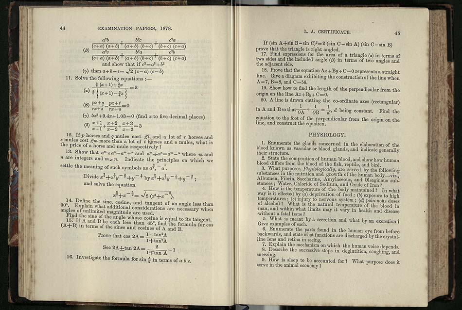 Final two pages of the 1878 mathematics pass standard L.L.A. exam paper. 