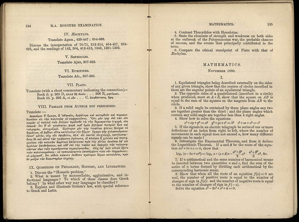 First page of the 1880 M.A. Honours mathematics paper. 
