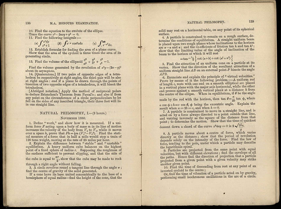 Second and third pages of the 1880 M.A. Honours mathematics exam paper. 