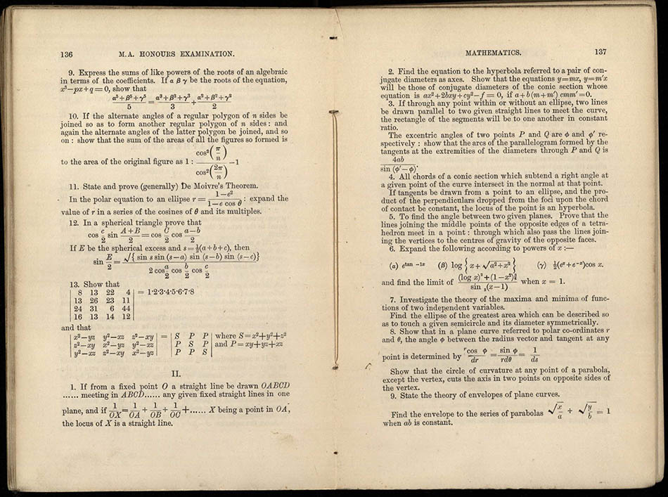 Fourth and fifth pages of the 1880 M.A. Honours mathematics exam paper. 