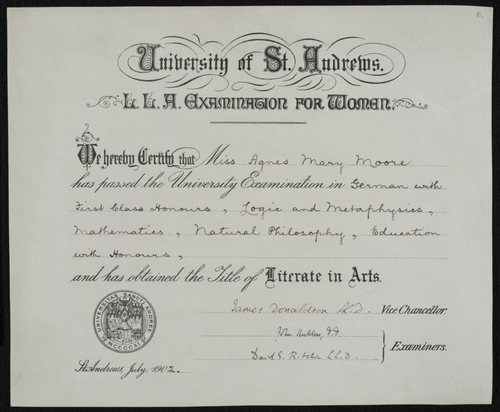 Photograph showing the a completed L.L.A. scheme certificate from 1902. The certificate is signed by the Vice-Chancellor and two L.L.A. scheme examiners. 
