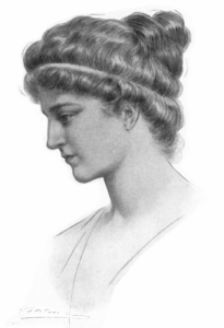 A hand drawn portrait of Hypatia. She is pictured from the shoulders up, the right-hand side of her head facing the viewer. Her hair is tied into a bun and she is wearing a small headband. 