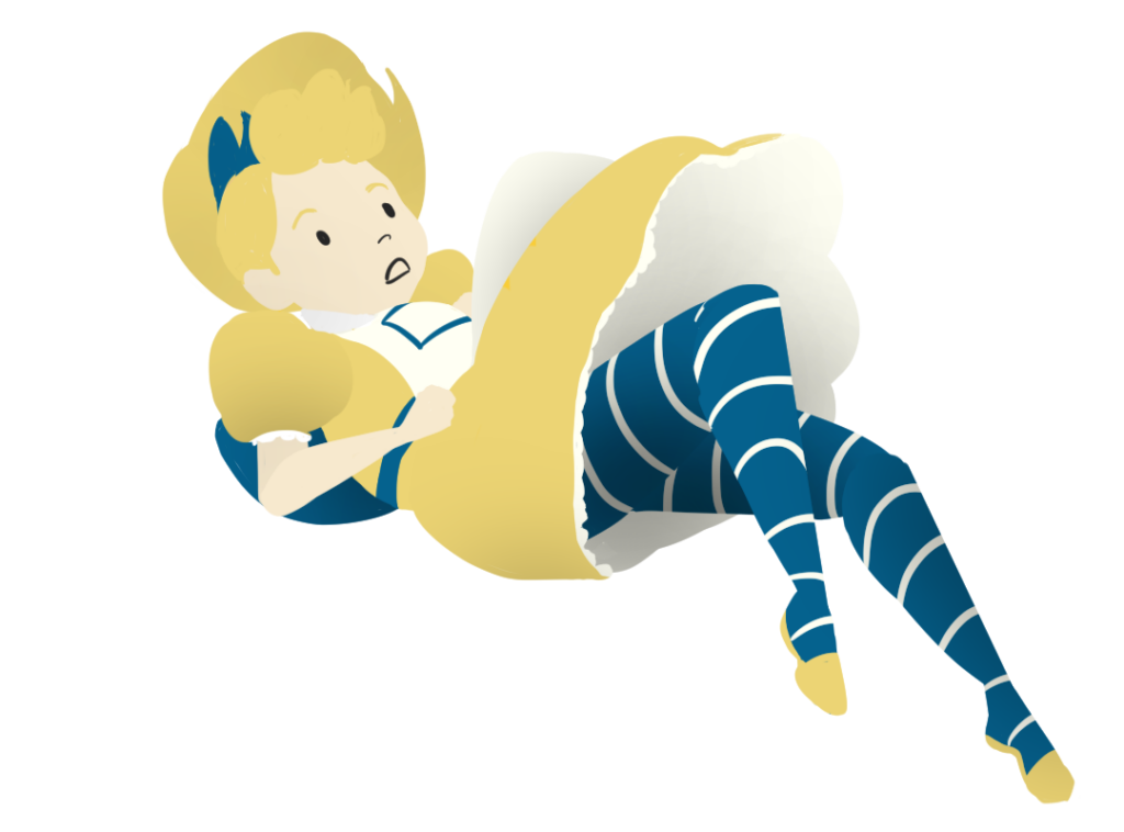 Alice, a young girl with a yellow dress and blonde hair, falling through the air in a clip art digital style. 