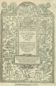 Title page of Billingsley's English edition of Euclid's Elements showing elaborate drawings.  