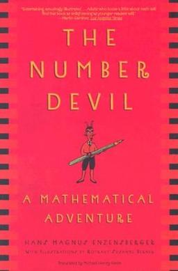 A red book cover of The Number devil in yellow block text. In the middle of the cover, there is a red devil character holding a coit pen. Under the devil, in smaller yellow block text A Mathematical Adventure. Along the edges are black rectangles. 