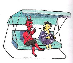 A drawing of the Number Devil in a suit and the Robert Character in stripped pajamas sitting on a cyan swinging bench. 