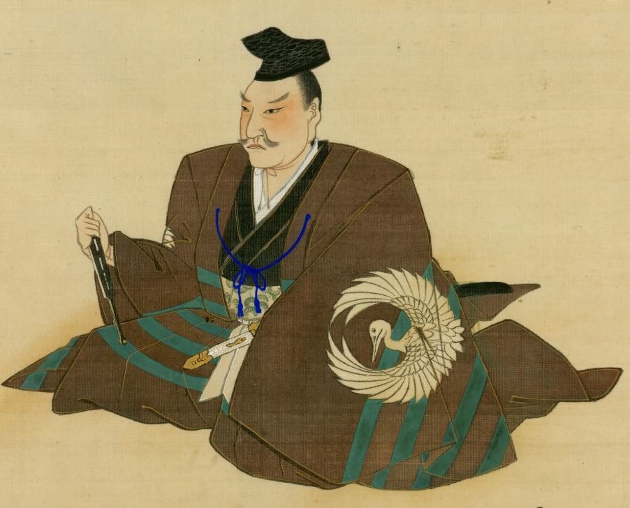 An block printing of a Seki Takakazu facing to the left. He is wearing a brown with cyan stripe Kimono. On the sleeve there is a white bird with wings open forming a circle.