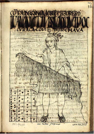 Inca manuscript depicting a man holding a quipu in the centre. On the bottom left corner, a ‘Poma de Ayala’ Yupana.