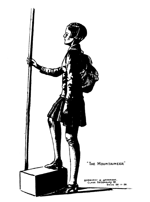 A Drawing of a female mountaineer featured in the Girls' School Magazine in 1929. It is titled 'The Mountaineer' and features a girl wearing long socks, a skirt and a rucksack. One of her feat is elevated on a box and she is holding a walking stick. 
