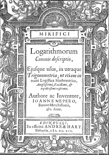 The title page of the table of logarithms of trigonometric functions from Napier's 1614 work table of logarithms of trigonometric functions Mirifici Logarithmorum Canonis Descriptio.