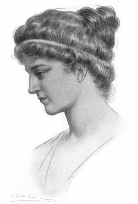 A hand drawn portrait of Hypatia. She is pictured from the shoulders up, the right-hand side of her head facing the viewer. Her hair is tied into a bun and she is wearing a small headband. 