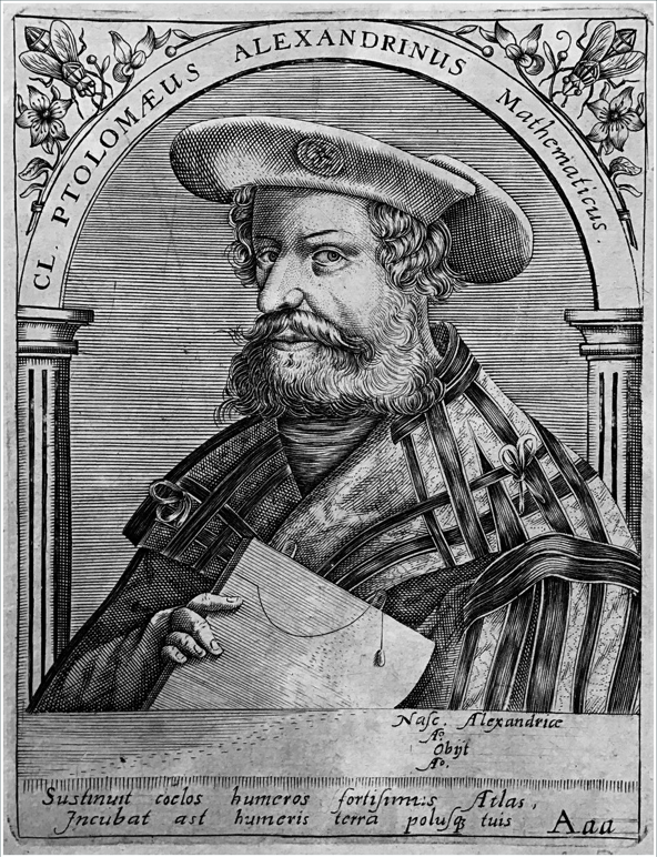 A photo of Claudius Ptolemäus.  A hand-drawn picture of a man with antique attire, wearing a hat and looking at the left.