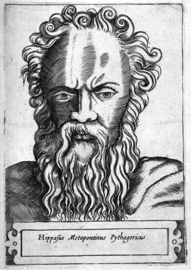 An ink print bust portrait of Hippasus facing forward. He has long hair, a beard, and a moustache, and is wearing a robe. There is a scroll at the bottom with the following text "Hippasus Metapontinus Pythagoricus "