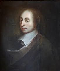 A portrait of Blaise Pascal. He has long brown hair and pale skin. He is wearing a white shirt with a large collar and a jacket on top. 