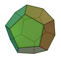 Animated GIF image of a rotating dodecahedron with alternating translucent colors: green and orange.