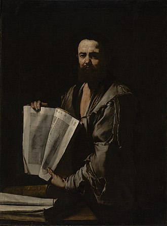 A oil painting of portrait of Euclid in a dark room holding open a book outwardly. 