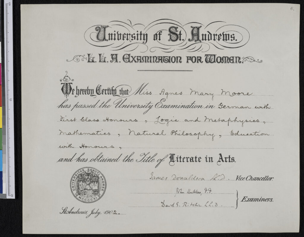 Photograph showing the a completed L.L.A. scheme certificate from 1902. The certificate is signed by the Vice-Chancellor and two L.L.A. scheme examiners. 