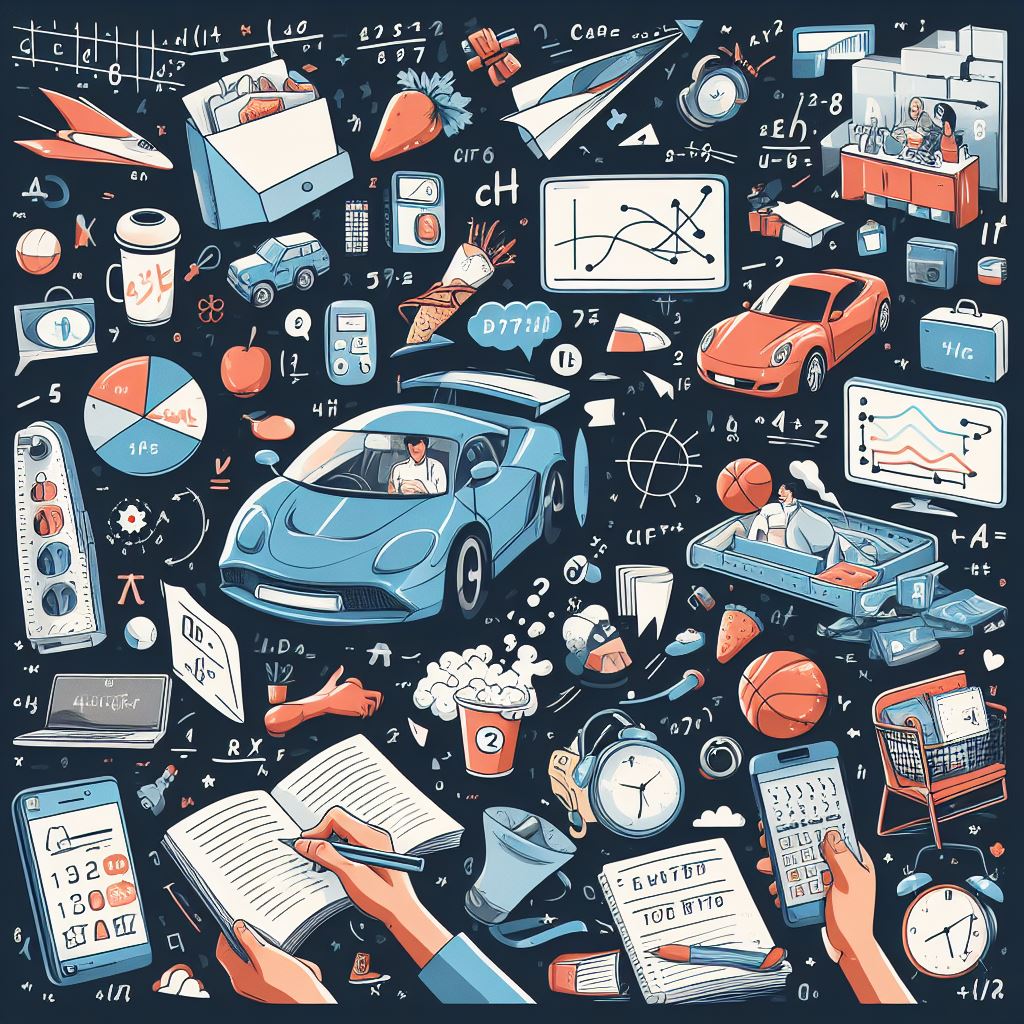 An image showing various day-to-day objects where maths plays an important role. For example, a large blue sports car is located in the centre of the image, while smaller images of objects such as footballs, calculators, rockets, and computer screens are are shown. 