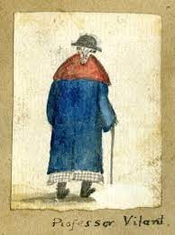 A rear view drawing of Nicolas Vilant. He is wearing a long blue coat with a red collar, a wide brimmed hat, and is walking with the aid of a stick. 
