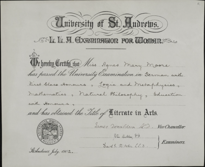 A picture of a diploma by the University of St Andrews that allowed women to study in University.