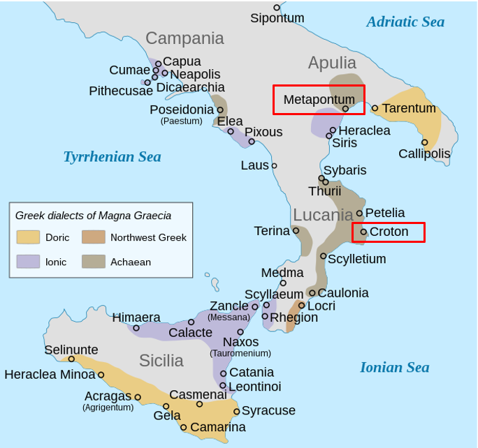 A map of southern Italy showing the distribution of dialects. Doric is spoken in Southern Sicily and the heel of Italy's boot. Ionic is spoken in Northern Sicily, and throughout Southern Italy. Achaean is spoken in Italy's boot along with Northwest Greek, although Achaean is also spoken in central Southern Italy. 