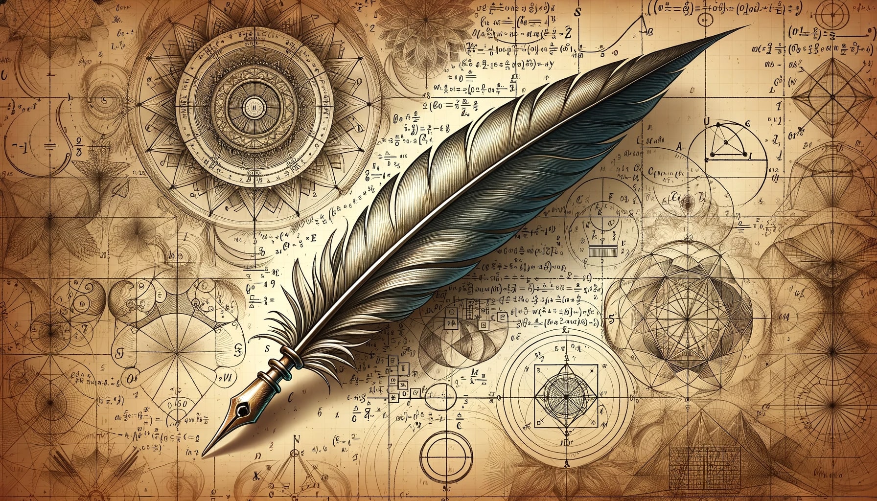 An image showing a quill surrounded by elaborate mathematical writing and complex mathematical diagrams. 