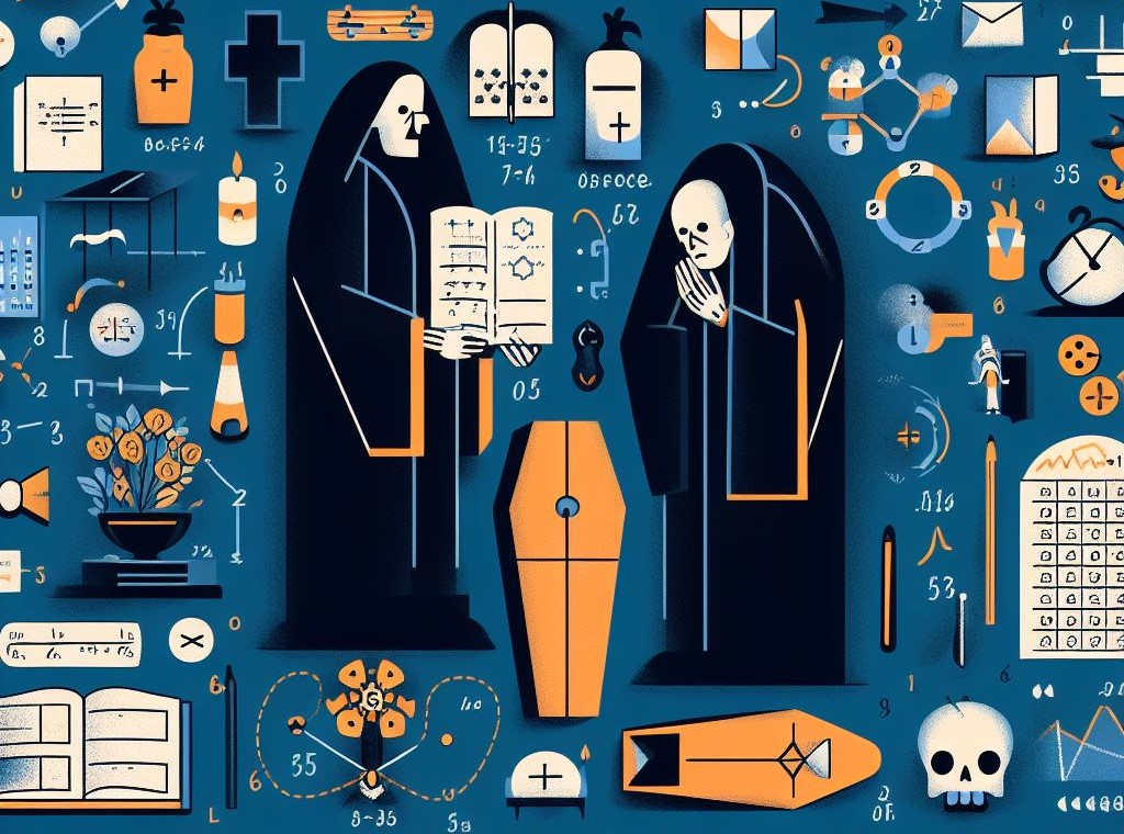 An image showing hooded skeletons surrounded by mathematical books and coffins. 