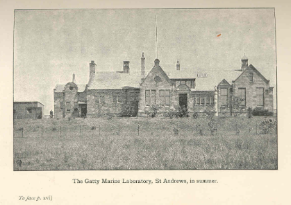 A black and white flim photograph of the old Marine lab. The budiling is made out of stone. The imagine is caption the gatty marine laboratory, St Andrews, in summer.