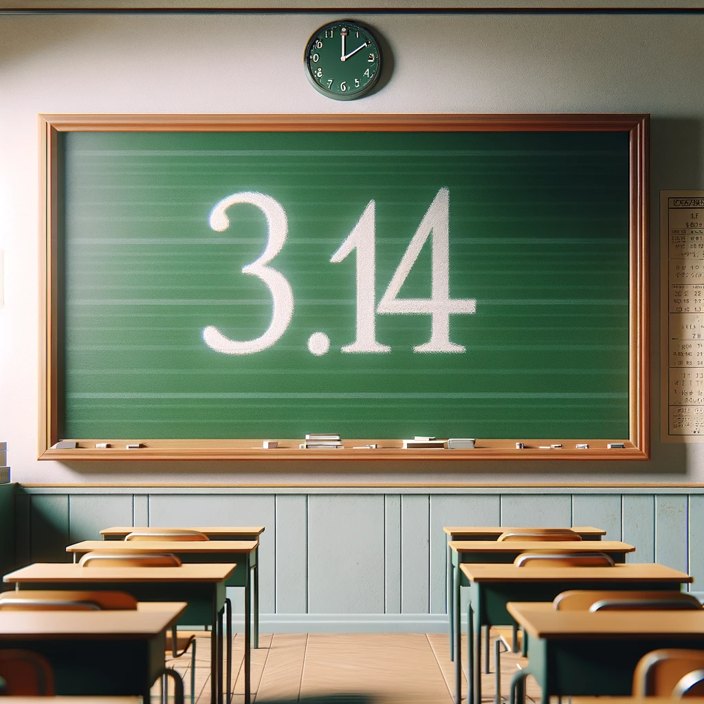 An artificial photograph of a classroom of chalkboard with 3.14 on the board. There are six desks. Lastly, a green analogue clock.