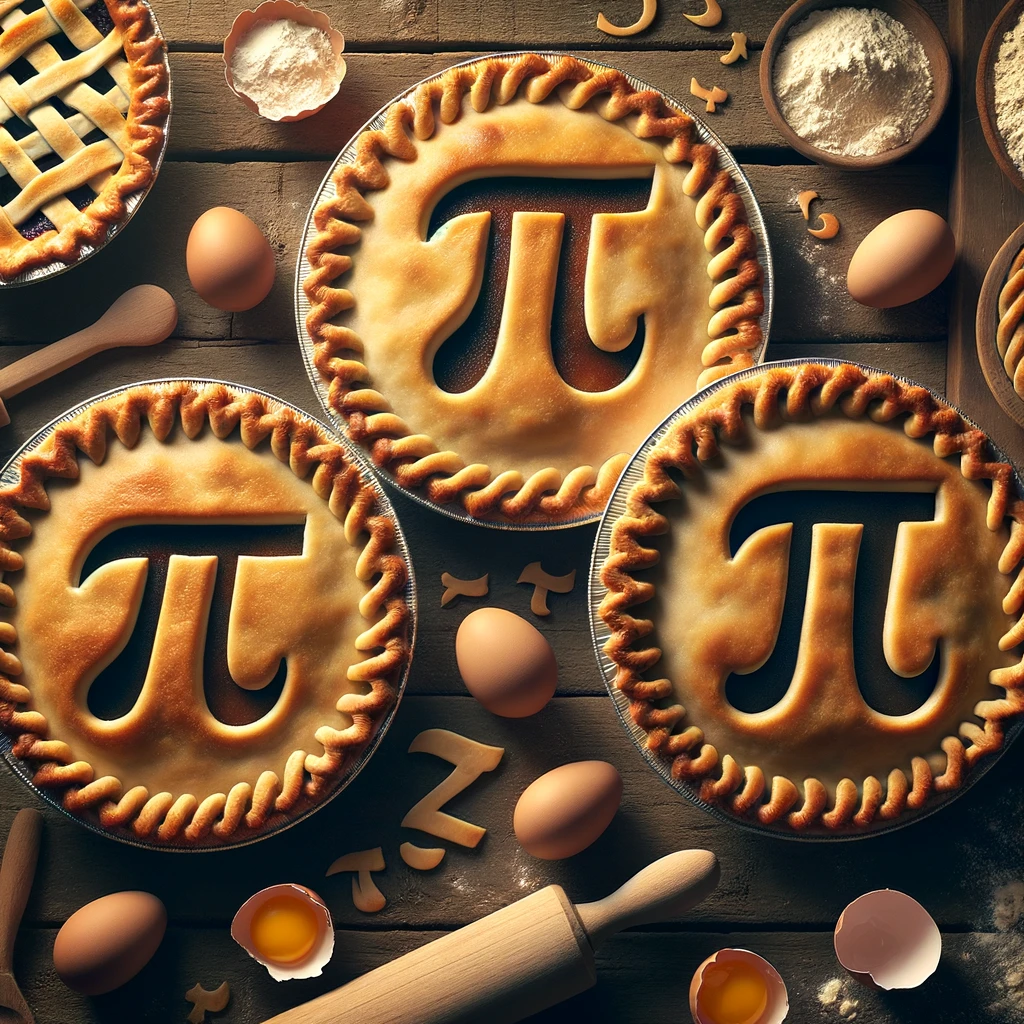 A digital artwork of bird eye view of wooden table. There are three pies with the pi symbol. Additionally, there are serval eggs both broken and unbroken, wooden rolling pin, and bowls of flour. 