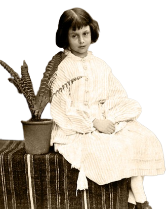 Alice Liddell portrait, a young girl with dark, short hair, wearing a white dress, sitting on a table next to a potted plant in a sepia-tone photograph.