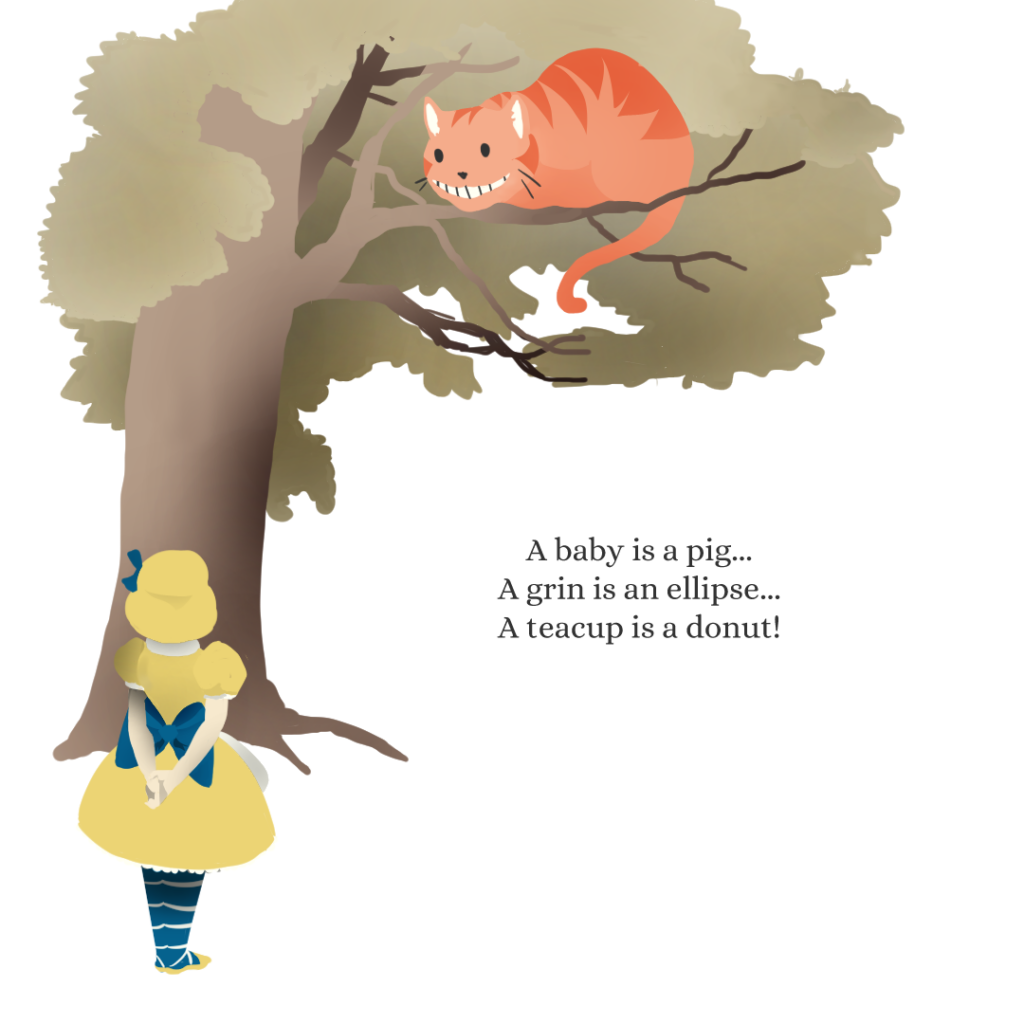 A clip art digital illustration of an orange, smiling cat in a tree saying, “a baby is a pig, a grin is an ellipse... a teacup is a donut!” to Alice, a girl in a yellow dress.