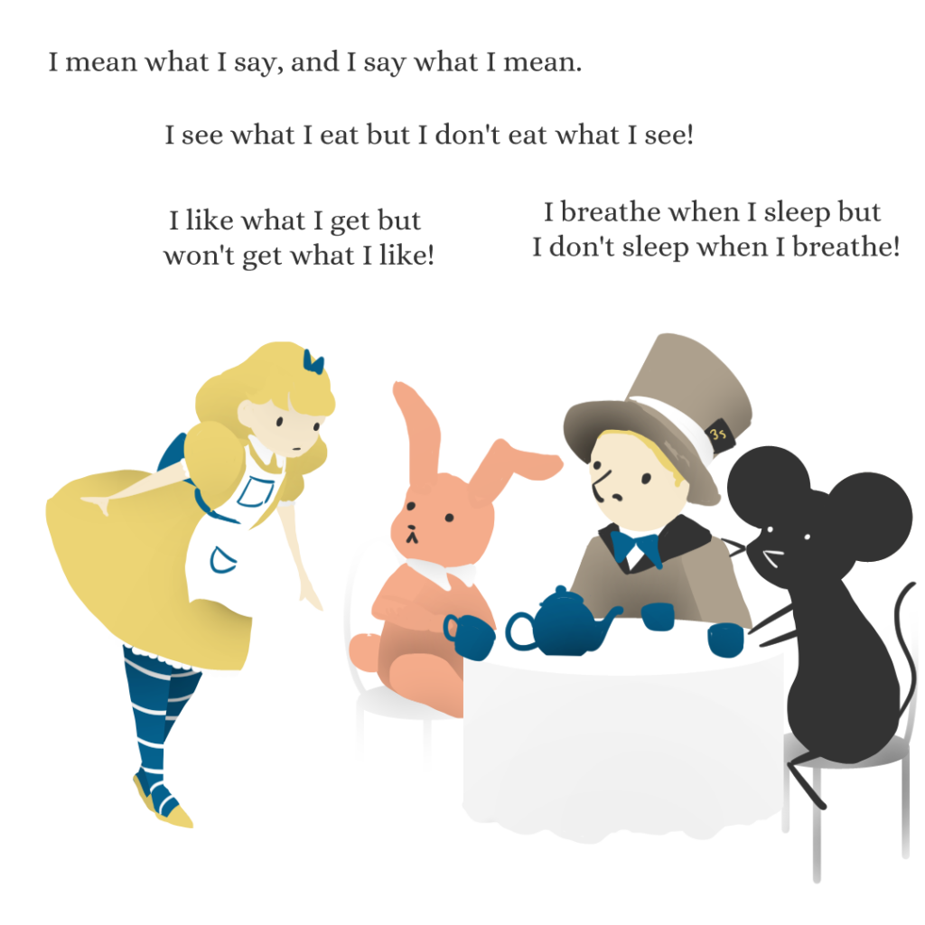 A clip art digital illustration of Alice, a girl in a yellow dress, saying “I mean what I say, and I say what I mean” to a pink rabbit, man in a grey hat and black mouse. The rabbit says, “I like what I get, but won’t get what I like!” the man says, “I see what I eat but I don’t eat what I see!” and the mouse says, “I breathe when I sleep but I don’t sleep when I breathe!”