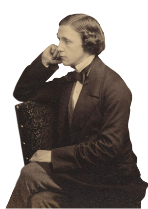 A sepia-tone photo profile of Lewis Carroll, a man with dark hair in a suit looking to the left. 